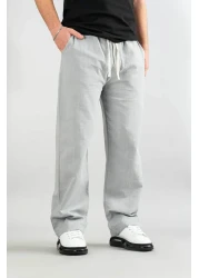 bombe Men's Gray Comfortable Fit Bagy Trousers Linen Belted Drawstring Soft Fabric Blend Trousers