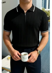 LC Waikiki Black Polo Neck Zipper Short Sleeve Men's Summer Breathable Knitwear T-Shirt
