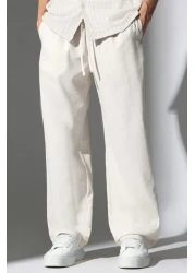 THE RULE Men's Linen Fabric Baggy Loose Cut Straight Leg Casual Summer Beige Trousers New Season