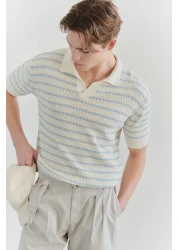 Trendyol Collection Ecru Regular Striped Textured Knitwear Polo Neck T-Shirt Tmnss25Po00007