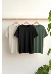Trendyol Collection Black-Stone-Dark Green Slim/Narrow Crew Neck Basic 100% Cotton 3 Pack T-Shirts Tmnss19Bo0007