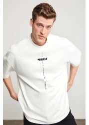 GRIMELANGE Project Men's Print Detailed Oversize 100% Organic Cotton Knitted Crew Neck White T-Shirt