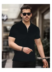 caddekombin David Men's Zippered Polo Neck Cotton Fabric Black Short Sleeve T-Shirt