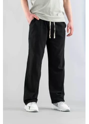 bombe Men's Black Comfortable Fit Bagy Pants Linen Belted Drawstring Soft Fabric Blend Pants