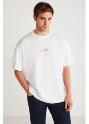 GRIMELANGE Vıto Men's - Embroidery Text Detailed, 100% Organic Cotton, Oversize Short Sleeve White T-Shirt