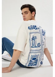 Trendyol Collection Unisex Ecru Oversize Printed Cotton T-Shirt - Tmnss25Ts00031