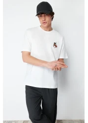 Trendyol Collection Ecru Animal Embroidery Oversize Cotton T-Shirt - Short Sleeve Tmnss24Ts00089
