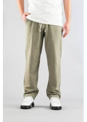 bombe Men's Khaki Comfortable Fit Bagy Trousers Linen Belted Drawstring Soft Fabric Blend Trousers