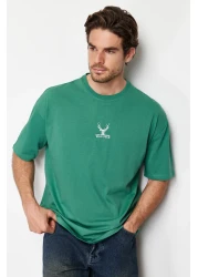 Trendyol Collection Green Deer Embroidered Oversize T-Shirt - TMNSS24TS00055