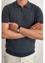 Tarz Cool Men's Matte Smoked Slim Fit Ribbed Polo Neck Knitwear T-Shirt