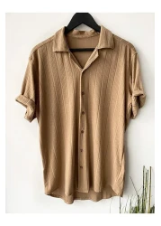 HAWKKİNG Men's Beige Patterned Cotton Summer Short Sleeve Shirt