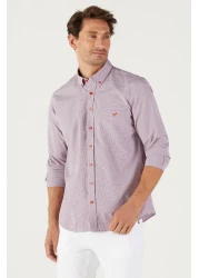 AC&Co / Altınyıldız Classics Men's Navy Blue-Red Slim Fit Slim Fit Button Collar Logo Cotton Pocket Striped Shirt