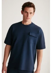 GRIMELANGE Artur Men's Dark Blue T-shirt with Pockets and Thick Special Textured Fabric