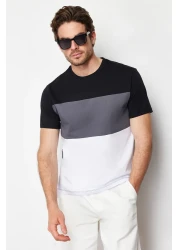 Trendyol Collection Color Blocked Black Cotton T-Shirt - Regular Fit TMNSS24TS00076