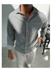 King Brothers Black Striped Cotton Men's Shirt - Pocket, Long Sleeve, Loose Fit