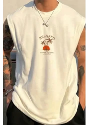 Tarz Cool Palm Tree Printed White Sleeveless Tank Top Tshirt Men's Zero Sleeve Oversize T-Shirt