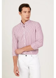 AC&Co / Altınyıldız Classics Men's White-burgundy Slim Fit Slim Fit Button Collar Cotton Striped Shirt