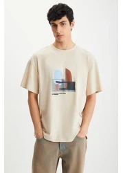 GRIMELANGE Lexoro Men's 100% Cotton Crew Neck Printed Beige T-Shirt