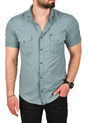 DeepSea Men's Green Slim Fit Cotton Lycra Short Sleeve Shirt Easy-Iron Snap Pocket Sports Shirt