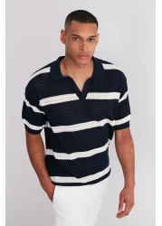 Trendyol Collection Navy Blue Regular Fit Cotton Striped Polo T-Shirt - Tmnss24Po00004 Limited Edition