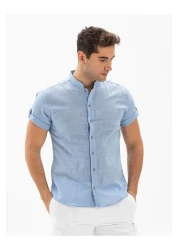 Eliş Şile Bezi Short Sleeve Slub Cotton Bodrum Summer Men's Shirt Light Blue 3074