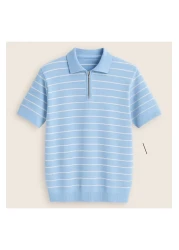 LC Waikiki Striped Design Polo Collar Zipper Breathable Short Sleeve Men's Summer Knitwear T-Shirt