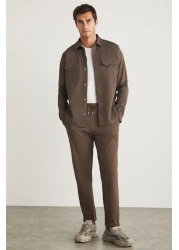 GRIMELANGE Walsh Men's Pique Look Special Fabric Flexible Double Leg Corded Beige Trousers with Elastic Waist