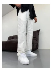 Oliggopol Men's White Elastic Waist Baggy Fit Linen Trousers