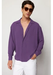 Trendyol Collection Oversize Summer Linen Look Apache Collar Shirt - Plum TMNSS23GO00053