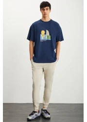 GRIMELANGE RAMADANP007 Men's 100% Cotton Crew Neck Printed Navy Blue T-Shirt