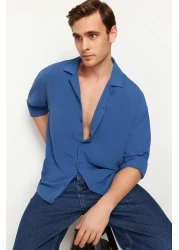 Trendyol Collection Indigo Oversize Summer Linen Look Apache Collar Shirt - TMNSS23GO00053