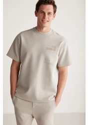 GRIMELANGE Cody Men's - Gray Organic Cotton T-Shirt, Embroidery and Printed, Thick Fabric Regular Fit