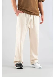 bombe Men's Beige Comfortable Fit Bagy Trousers Linen Belted Drawstring Soft Fabric Blend Trousers