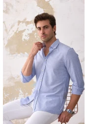 RAVANELLI Giza Men's Striped Slim Fit Shirt - Blue-White, Linen Look Cotton, Buttoned Collar