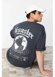 Trendyol Collection Anthracite Fluffy Text Printed Oversize Cotton T-Shirt - TMNSS24TS00160