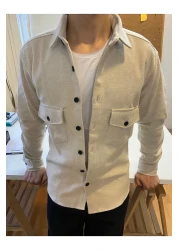 COOL TARZ Off White Men's Slim Fit Button Collar Double Pocket Plain Lumberjack Shirt