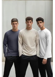 Trendyol Collection Anthracite-Beige-White Slim/Slim Fit 3 Pack 100% Long Sleeve T-Shirts Tmnaw21Ts0197