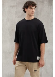 GRIMELANGE Joel Men's 100% Organic Cotton Thick Fabric Oversize Black T-Shirt with Special Textured Label Detail