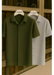 LC Waikiki Advantageous Pack of 2 100% Cotton Short Sleeve Buttoned Premium Men's Waffle Shirt