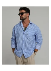 King Brothers Old Money Men's - Blue Striped Oversize Cotton Shirt, Pocket, Long Sleeve