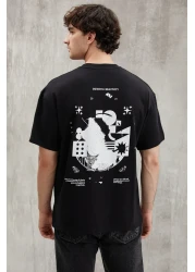 GRIMELANGE Bowen Men's 100% Cotton Crew Neck Printed Detailed Black T-shirt