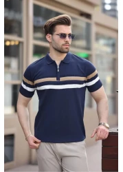 Madmext Navy Blue Zippered Polo Neck Knitwear Men's T-Shirt E7299