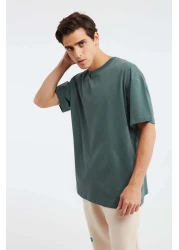 GRIMELANGE Jett Men's Oversize Fit 100% Organic Cotton Thick Textured Crew Neck Dark Green T-Shirt