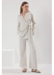 Trendyol Modest Beige Striped Linen Wrap Shirt and Pants Convergence Tctss25Us00026