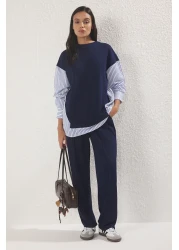Trendyol Modest Navy Blue Striped Woven Fabric Detailed Knitted Bottom-Top Set Tctss25Us00042