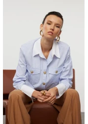 Trendyol Collection Striped Blue Shirt with Metal Button Detail - Collar and Sleeve Design, Regular Fit TWOAW25GO00023
