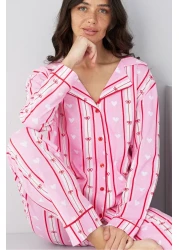 Siyah İnci Pink Red Line Pattern Cotton Buttoned Piping Knitted Long Sleeve Pajamas Suit7887