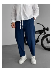 BYBASICMAN بنطلون كتان فضفاض باللون الأزرق الداكن JJ-181