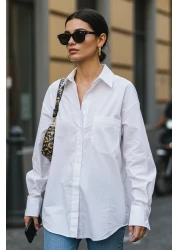 Trendyol Collection White Single Pocket Boyfriend/Wide Fit Cotton Woven Shirt TWOAW20GO0115