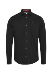 Tommy Hilfiger Men's Brand Logo Stretch Cotton Half-Lined Collar Stylish Looking Black Shirt Suitable for Daily Use